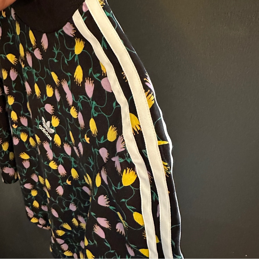 adidas Black Floral Short Sleeve Tee with White Stripes - Picture 8 of 13